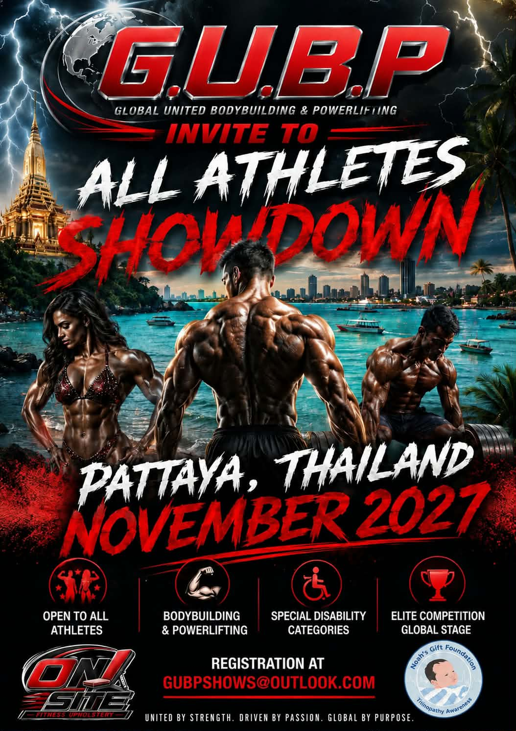 G.U.B.P All Athletes Showdown poster — Pattaya, Thailand, November 2027, open to all athletes with special disability categories.